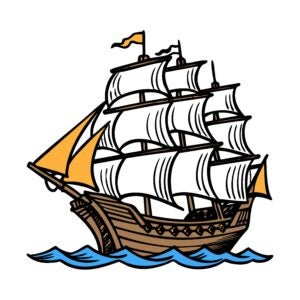 A picture of a pirate ship with 10 white masts. For every 100 hours of community service completed by staff senators, a mast will be colored purple. Currently, there are no registered community service hours.